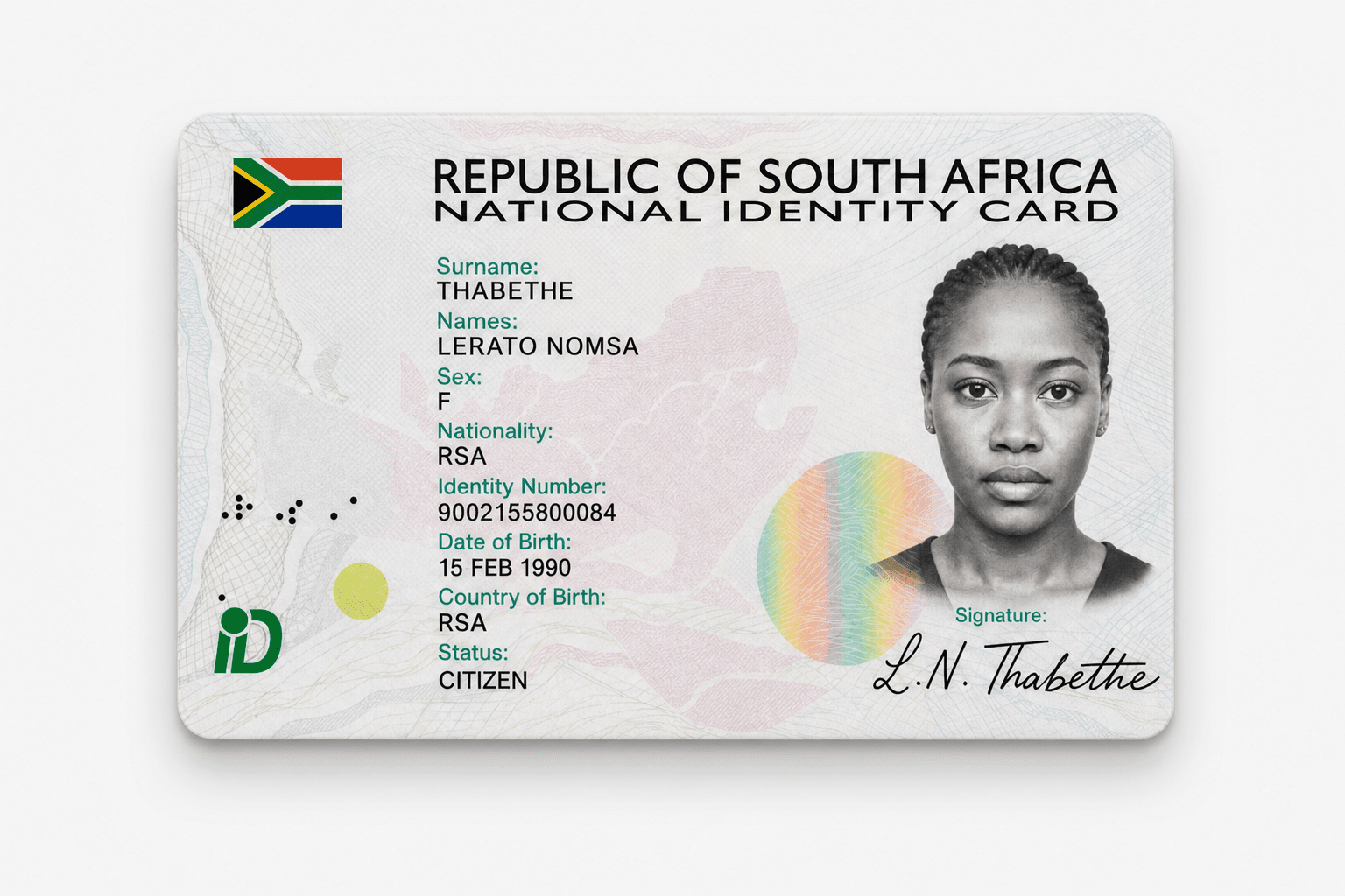 Demo South African Smart ID style card with fictional identity data